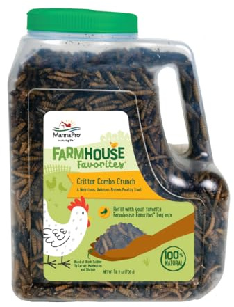Manna Pro Farmhouse Favorites Critter Combo Crunch Bug Jug – Engaging Poultry Treat – Blend of Black Solider Fly Larvae, Mealworms & Shrimp – Great Source of Protein – Encourages Foraging – 25oz