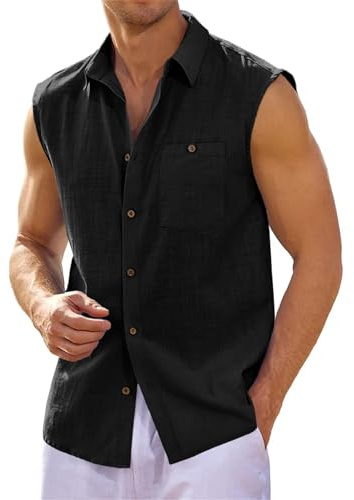 Runcati Linen Shirt Men's Sleeveless Turn-Down Collar Shirt Men Beach Summer Shirt Leisure Tank Top Basic Shirt Vest with Pocket, black, XL