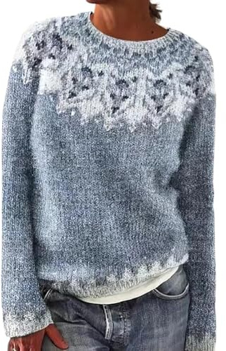 YONGLSP Norwegian Sweater Women, Women's Knitted Print Retro Sweater Crewneck Long Sleeve, Autumn and Winter Casual Loose Knit Jacquard Sweater (Snow Wolf,S)