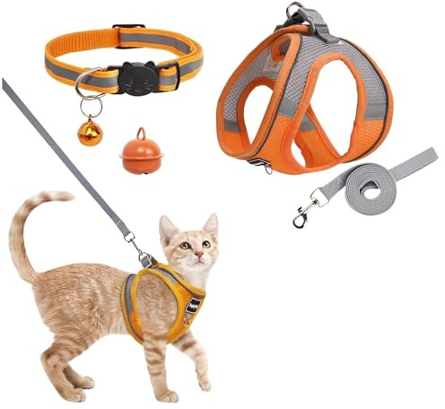 Cat Harness and Lead Set, Escape Proof Kitten Harness with Leash Cat Collar and Bell, Reflective Adjustable Vest, Reflective Stripe Cats Kitten Walking Vest for Small Cats Walking (Orange XXS)