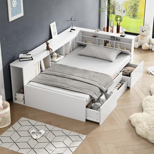 Jovify Multifunctional Storage Bed with Drawers, Bookcase and Cupboard, 3FT Kids Wooden Single Bed with Bed Box, Youth Beds Platform Beds with Large Storage Space, White, 90x190 cm, No Mattress
