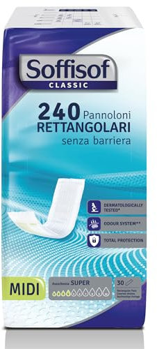 Soffisof Classic Pannoloni Rettangolari senza Barriera - 240x Pannoloni per Anziani - 8 Confezioni da 30 Pezzi, Assorbenza fino a 4 Gocce - Ausili Incontinenza Uomo e Donna