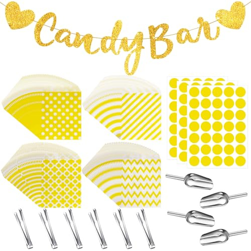 114 accesorios Candy Bar Kits, contiene 100 bolsas de papel kraft de caramelo, 3 pegatinas, 6 pinzas para cubitos de hielo, 4 cucharas de hielo, 1 guirnalda para bar de caramelos, fiesta