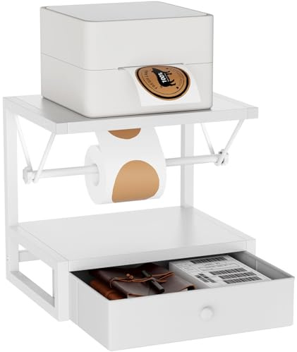 IBUYKE Porte-étiquette pour rouleaux et étiquettes pliantes, support d'étiquette thermique en bois avec tiroir porte-imprimante de bureau pour la maison, le bureau, les petites entreprises, blanc