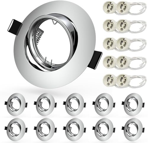 Allesgute 10x GU10 Downlights for Ceiling Round Polished Chrome Metal Frame | Recessed Ceiling Lights 360° Tilt Swivel Spotlight Fittings 240V, Cutout Ø68-85mm, No Bulbs