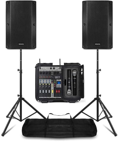 Vonyx PA Anlage Komplettset 1600 Watt – DJ Lautsprecher Set mit Mischpult und 2 Mikrofonen, inkl. Ständern, Bluetooth – Aktivboxen mit Verstärker – PA Lautsprecher Aktiv für Events, Karaoke