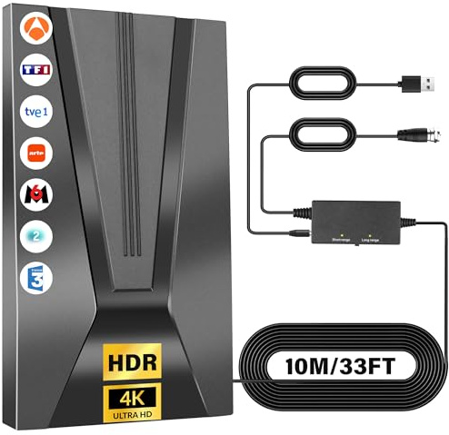 Antenne TV IntéRieur Puissante 10m avec Amplificateur Haute Sensibilité - RéCeption Claire & Stable, Facile à Installer, Portable Et RéSistante, IdéAle Maison, Camping Et Zones Rurales（1）