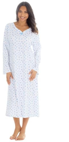 GM Apparel Chemise de nuit en jersey de coton à 100 % à manches longues avec boutons pour femme, longueur mollet avec col en V léger - Pyjama en jersey doux pour femme, bleu, 46-48