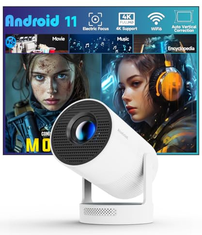 Elektrischer Fokus Mini Beamer mit 4K Unterstützung, tragbarer Projektor mit WiFi 6 und Bluetooth 5.4, Smart Projektor, 5W-Soundbase-Lautsprecher, 180° Drehung für Heimkino