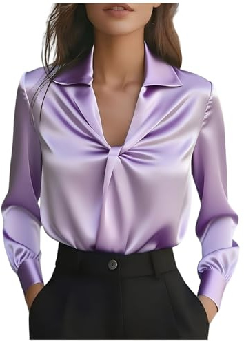 Satin Blouse for Women UK Elegant V-Neck Front Knot Tops Cuffed Long Sleeve Collared Neck Shirts Fall Winter Spring Casual Business Top Ladies Office Work Blouses Going Out Shirt