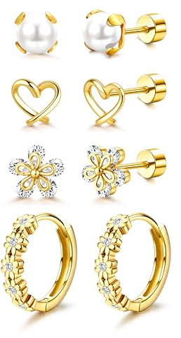 Roheafer 14K guldpläterade allergivänliga örhängen för flickor kvinnor 316L kirurgiska rostfritt stål platt baksida örhängen sött hjärta blomma liten tusensköna huggie ring örhängen set för känsliga