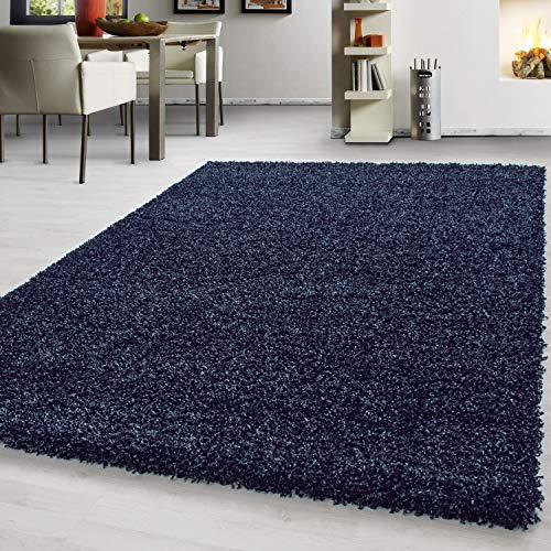 Teppium Moderner Hochflor Teppich Wohnzimmer 140 x 200 cm Marineblau - Shaggy Flauschiger Teppich, Extra Weich, Pflegeleicht und Einfarbig - für Schlafzimmer, Küche und Esszimmer