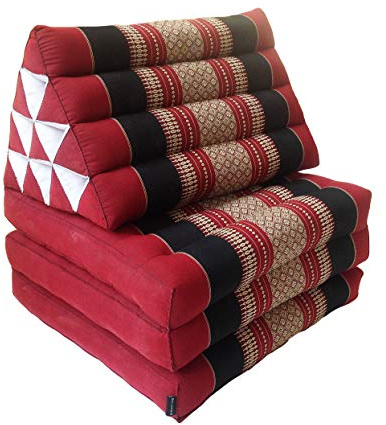 Collumino Traditional Thai Kapok 3 Fold Meditation Mattress with Oriental Style Triangle Recliner Cushion for Yoga Massage or Relaxation (Black, Red)