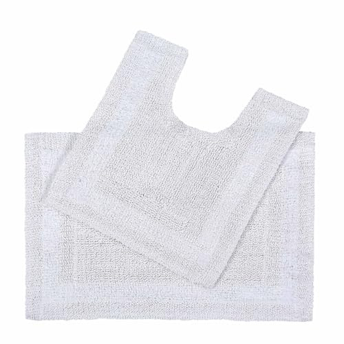 HOMESCAPES Bath Mat Set, Luxury 1600gsm Extra Soft 100% Cotton, Reversible Bathroom Mat Sets 2 Piece, Washable, Non-Slip, Super Absorbent, Quick-Dry, White Bathroom Rug with Toilet Rug