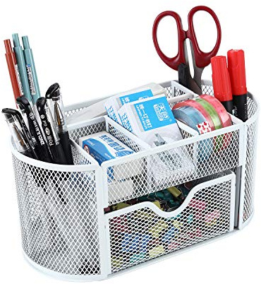 EasyPAG Office Mesh Desk Tidy Versatile Stationery Storage Desktop Organiser Pen Holder with Drawer,White