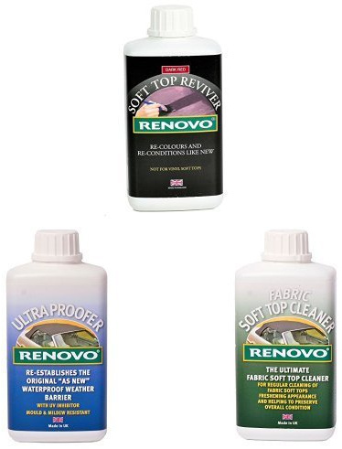 Renovo Bundle includes Soft Top Reviver 500 ml, Soft Top Ultra Proofer 500 ml and Soft Top Canvas Cleaner 500, Dark Red