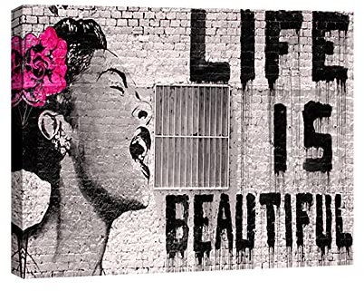 Wieco Art Canvas Prints of Banksy Life is Beautiful Modern Stretched and Framed Giclee Artwork Grey Love Pictures Paintings on Canvas Wall Art for Bedroom Home Office Decorations
