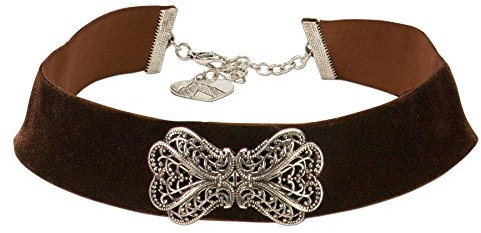 Alpenflüstern Trachten-Samt-Kropfband Ornament-Schleife - nostalgische Trachtenkette enganliegend, Kropfkette elastisch, eleganter Damen-Trachtenschmuck, Samtkropfband breit braun DHK207