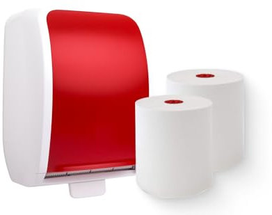 Blanc HYGIENIC Set: Handtuchrollenspender Autocut, Blanc Cosmos 2 Handtuchrollen Premium TAD - PRODUKTSET Farbe Rot/Weiß