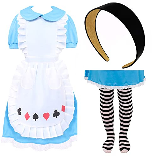Alice's Wonderland Pannband och tights-klänning för barn, perfekt för världsbokdagen, fest, evenemang, storlek S