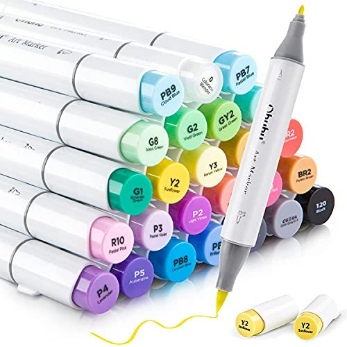 Ohuhu Marqueurs à alcool 24 couleurs, Marqueurs à croquis à double pointe (pinceau et pointe fine) pour les Marqueurs artistiques pour le coloriage et les illustrations, 1 Mélangeur en prime