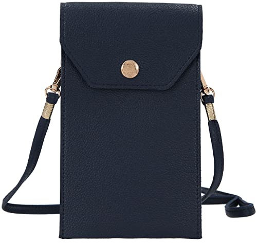 Depesche 11968 TOPModel - Handytasche in Dunkelblau mit 3 Innenfächern und Sichtfenster für das Handydisplay, Tragetäschchen für das Telefon mit Umhängeschlaufe und goldenem Druckknopfverschluss