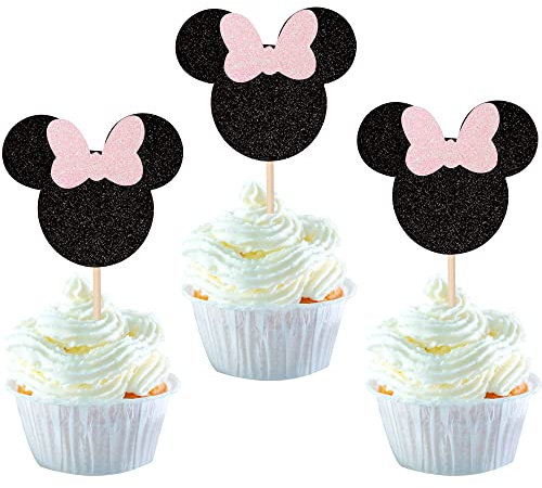 24 Stück Maus inspiriert Geburtstag Tortendeko Maus Happy Birthday Cake Topper Maus mit Schleife Maus Kuchendekoration für Happy Birthday Party Kuchendeko schwarz und rosa