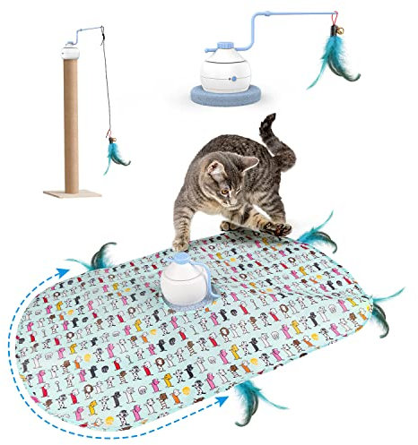Tyasoleil Interactive Cat Toys, 3 in 1 Smart Cat Toys Motorized Wand Kitten Toys, Automatic Cat Toy - 3 Modes Cat Toys for Indoor Cats Adult, Upgrade Motor, Electronic Cat Feather Toy, Blue