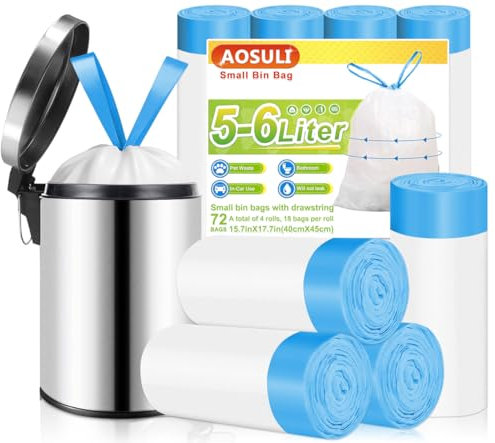 AOSULI Small Bin Bags with Drawstring Tie Handle,5L-6Liter Bin Liners/Waste Paper Bin Liners for Bathroom Pedal,Office(72Bags,White)
