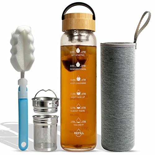 Xaeiglas 1L Trinkflasche Gla mit Neoprenhülle - 1000ml Wasserflasche Glas mit Schutzhülle - Glastrinkflasche 1 Liter mit Schraubverschluss (2in1 Teesieb)