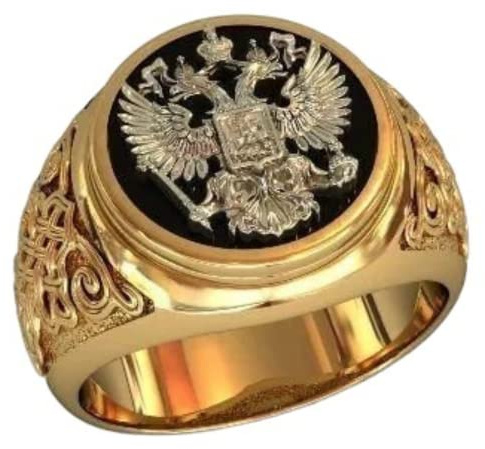 QUSIIOSLK Luxury 14K Gold Plated Russian Emblem Ring for Men Vintage Double Headed Eagle National Emblem Signet Ring Personalized Engraved Jewelry （Size 8）
