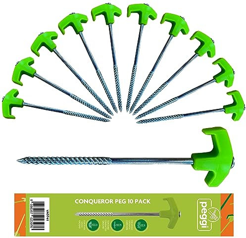 PEGGI - Heavy Duty Tent & Awning Pegs - 10 Pack Twister Screw/Hammer Fixed Head Pegs for Secure Anchoring- Dimensions: H190mm x W7.3mm