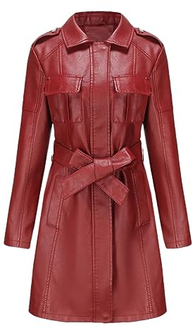 Veste Longue Femme Simili Cuir Trench Femme Avec Ceinture Survêtement Femme Noir Rouge Marron Manteau Burgundy EUR M