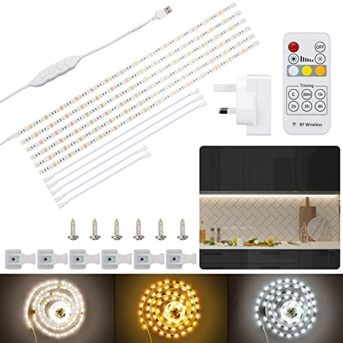 AOYADAISU Belysningssats för under skåp 9,84 fot/3 m flexibla LED-lysrör för inomhus| RF-fjärrkontroll | dimbar varm vit 3 000 K-6000 K | USB 5 V 2 A | Under disk lampa för kök, skåp, TV, hylla