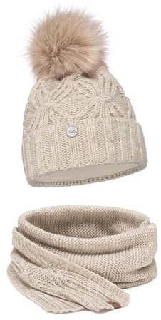 ELIMELI® Mütze Schal Damen Winter Kombi Set - warme Strickmütze Wintermütze mit Bommel und Schal - Slouch Strick Beanie Bommelmütze (Beige - Set mit Schal)