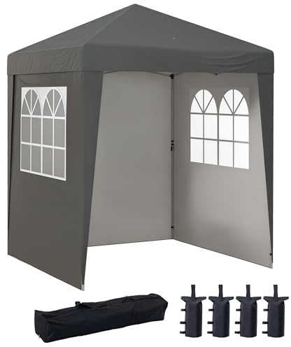 Outsunny pop-up hopfallbar trädgårdspaviljong 2x2 m, 3-nivå justerbar höjd, anti-UV, 3 sidoväggar, 4 sandpåsar, 1 bärväska, oxfordtyg, grå, stål