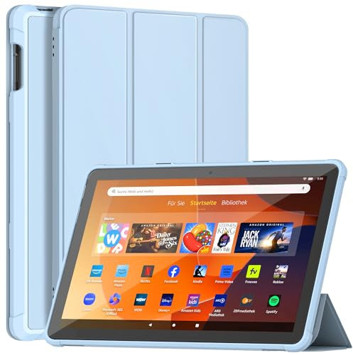 Fire HD 10 Tablet Hülle (13. Gen, 2023), Nicht für iPad, Sonlaryin Dreifach Faltbarer Vorderseite aus Leder und Weich TPU Rückseite für Fire HD 10 Kids Pro Tablet, Auto Schlaf/Aufwach – Himmelblau