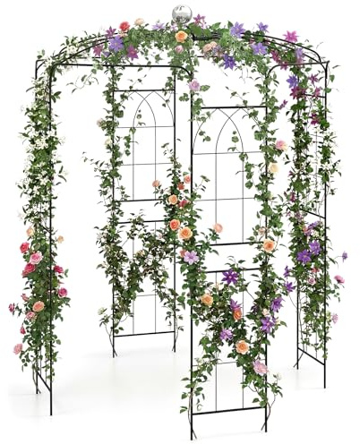 COSTWAY Traliccio ad Arco in Metallo Zincato per Piante Rampicanti, Gazebo a Forma di Gabbia per Uccelli con Gancio e Paletti, Pergola da Giardino per Cerimonie, 206 x 286 cm, Nero