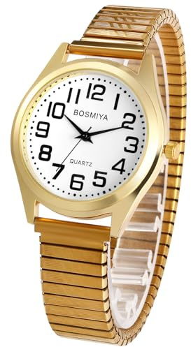 OIDEA Man's Easy Reader Watch: Big Face Clear Number Analog Quartz Elastic Strap Wrist Watches for Man Dress Wristwatch White Face Gold Band