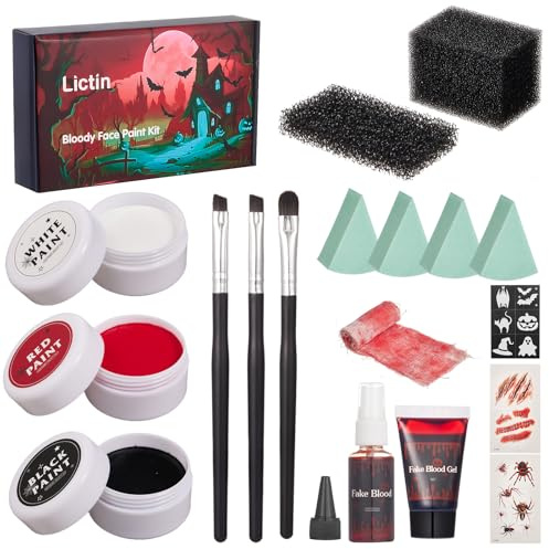 Lictin Maquillaje SFX,Pintura de Halloween Facial Corporal,Sangre Falsa Spray y Gel - Negro Rojo y Blanco ,Cara Pintura Corporal con Zombie Vampiro Esqueleto Halloween Disfraz de Payaso Maquillaje