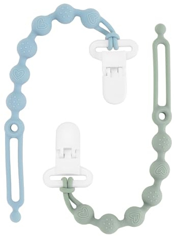 Silicone Dummy Clip for Baby Boys and Girls, One Piece Pacifier Clips, Wooden Soother Clips Design, Fits Most Pacifiers and Teething Toys (Sage+Ether)