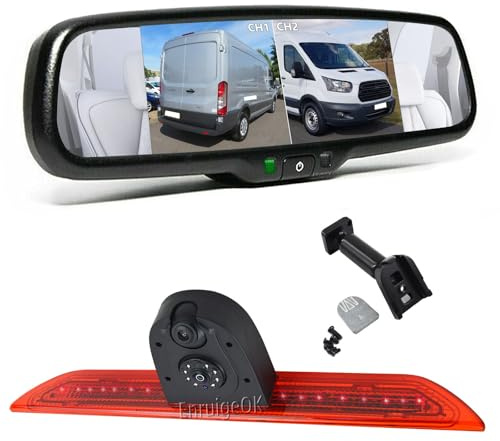 EnruigeOK bromsljus backkamera med dubbla skärmar monitorkit för Ford Transit 350 MK8 (2014–2021) Van vattentät bakkamera för mörkerseende (# 1 konsolsats)