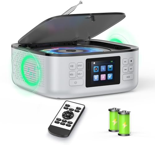 [2025 New] ARAFUNA Reproductor de CD portátil para el hogar, Boombox Recargable, Reproductor de CD pequeño Bluetooth con Altavoces, Pantalla LED a Color, Mando a Distancia, soporta FM/USB/AUX
