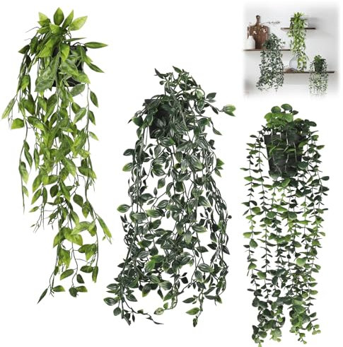 Gaethra Hängepflanze Künstlich, 3 Stück Künstliche Pflanzen mit Töpfen, Plastik Deko Pflanzen Künstlich, Lang Wartungsfreie, 63/65/80cm, für Indoor Outdoor, Garten, Hochzeitsparty und Wanddekoration