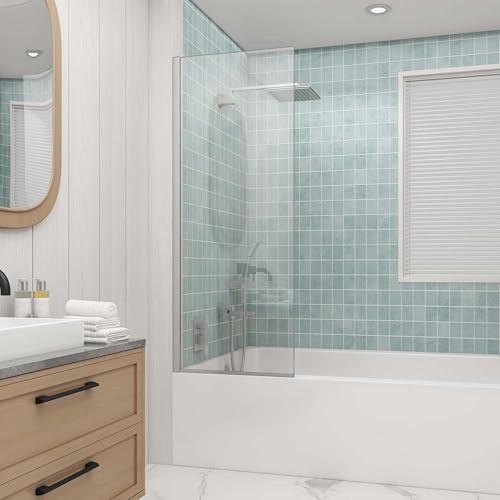 Sunrosa 24×60 Bathtub Glass Panel,8mm Thick Shower Screen,Brushed Nickel Semi-Frameless Bathroom Shower Glass, Easy to Clean