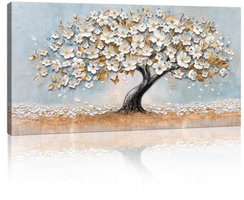Large White Gold Flowers Cherry Trees Canvas Wall Art Prints, Abstract Blue White Blossom Floral Wall Paintings Picture for Living Room Bedroom Office Kitchen Decoration Artwork Ready To Hang 50x100cm