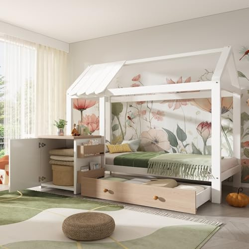 KOMHTOM 90 x 200cm Cadre de Lit Enfant en Bois, Lit de Maison, avec Table de Chevet, Grand Tiroir de Rangement sous Le lit, Sommier à Lattes(sans Matelas) (Blanc + Chêne)