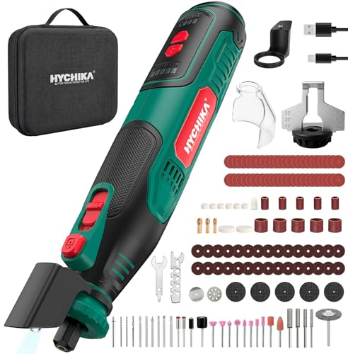 HYCHIKA Utensile rotativo cordless 8V 2,0Ah batteria più grande, 5 velocità max 30000 RPM, kit 145 accessori affilacatene e luce LED, per levigatura, lucidatura, taglio, foratura, incisione fai-da-te