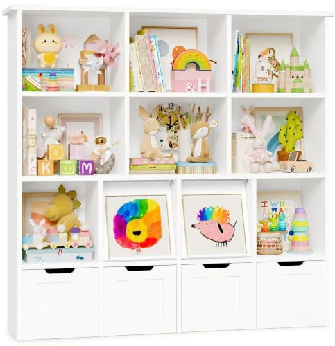 IRONCK Kids Toy Storage Unit Childrens Bookcase 2 Concealed Flip Doors | Kids Bookshelf 4 Drawers with Wheels, 10 Open Shelves, Toy Organiser, for Nursery Playroom, 125.6x31x120cm, White