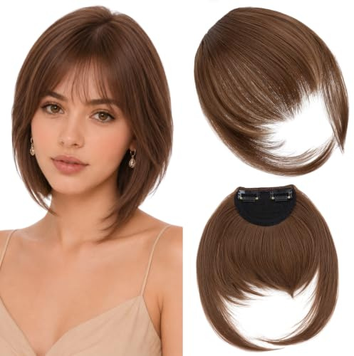 Elailite Postizo Flequillo Pelo Clip Marrón Claro, Extensiones Flequillos Falso Postizos para Mujer 21g